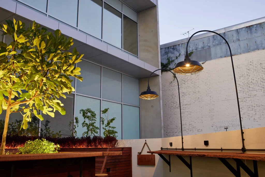 Curved black gooseneck pendant lights over a timber bar counter at dusk in the Atwell Arcade courtyard, with an uplit fig tree alongside