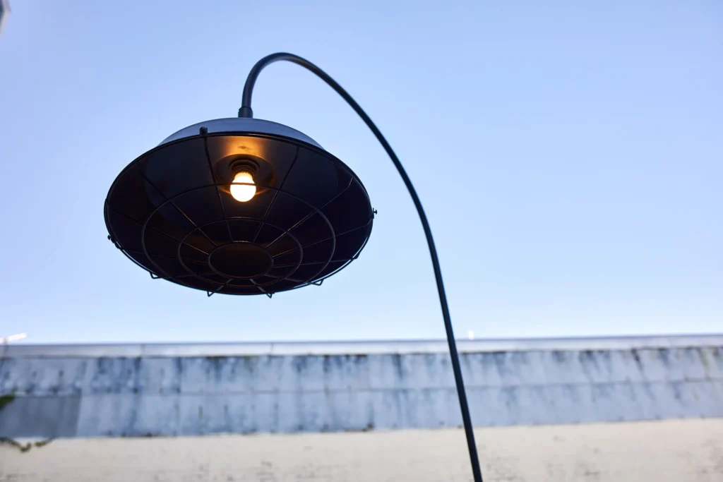 Single black gooseneck light fitting with a warm lamp curving against a clear evening sky