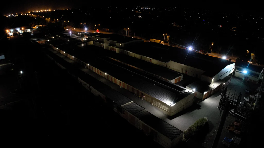 Aerial night view of a self storage facility in O'Connor before the lighting redesign